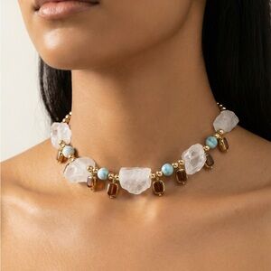 Gold, White & Blue Beaded Statement Choker Necklace